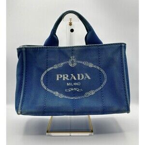 Prada Canapa Blue Canvas Tote Bag Handbag Authentic